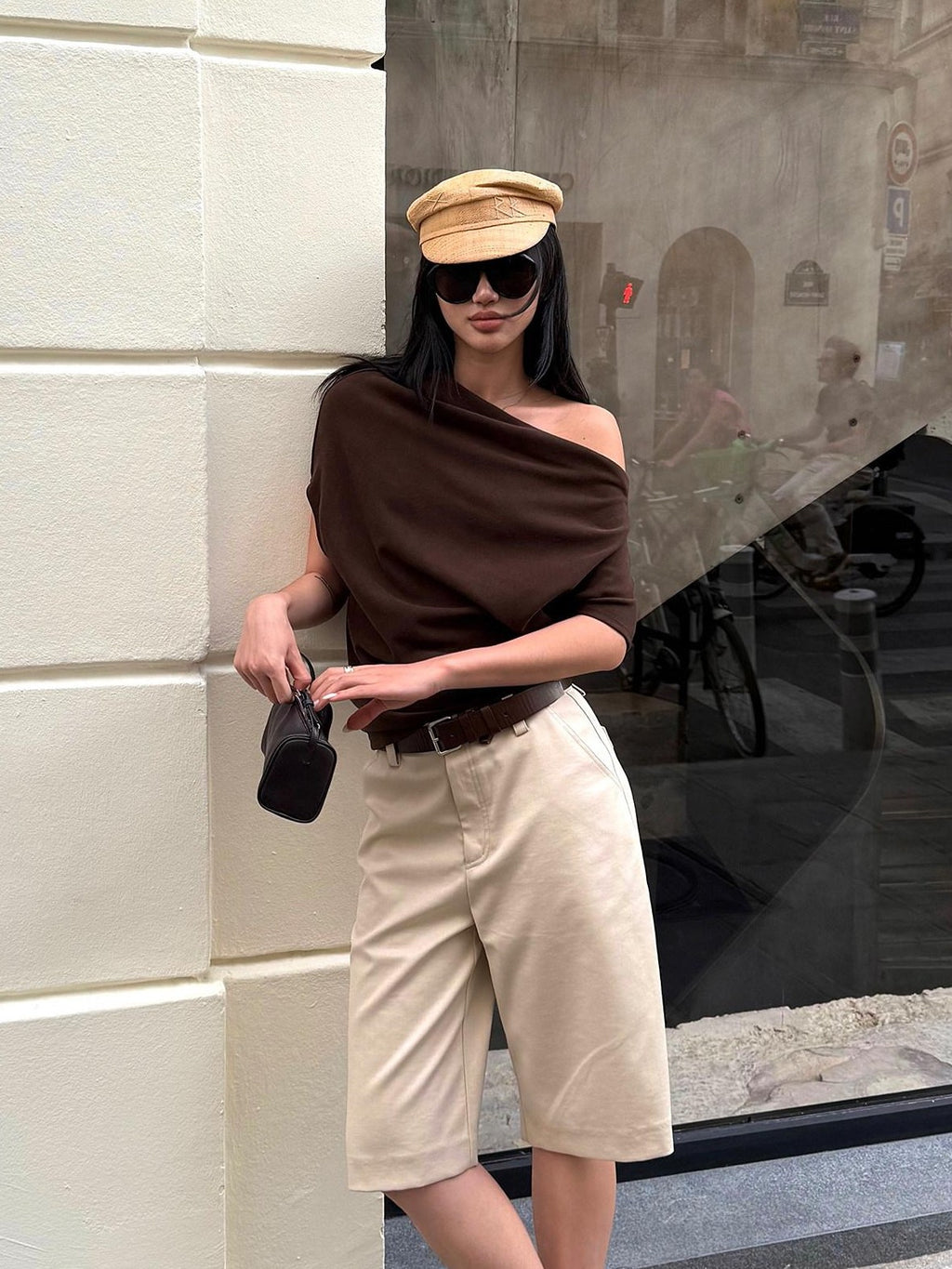 rovente Coffee Pleated Slant Neck Knitted Women's Viscose Off-shoulder T-shirts