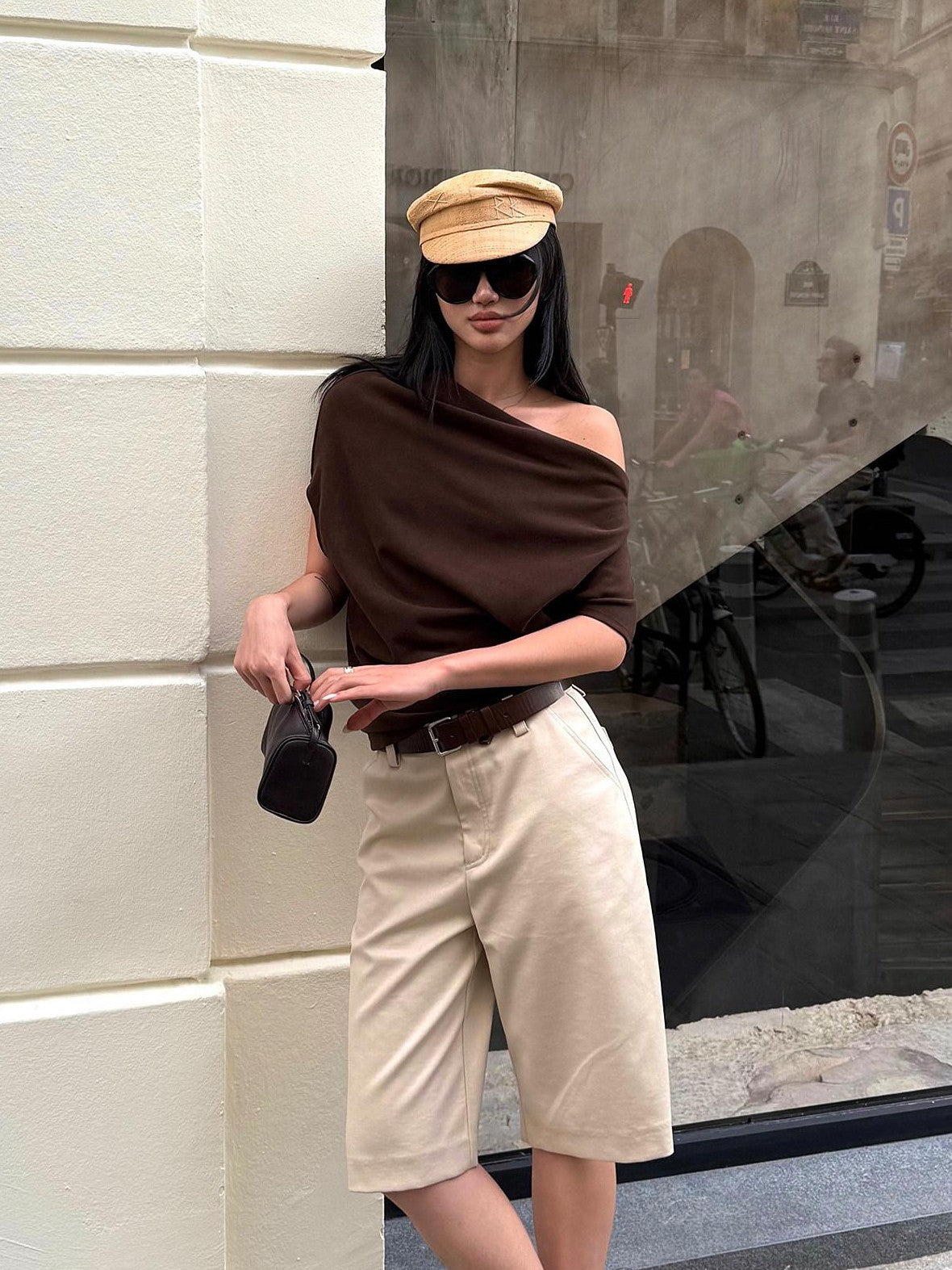 rovente Coffee Pleated Slant Neck Knitted Women's Viscose Off-shoulder T-shirts