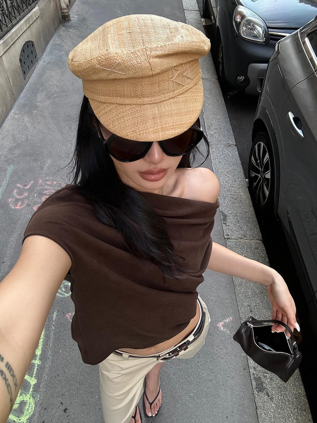 rovente Coffee Pleated Slant Neck Knitted Women's Viscose Off-shoulder T-shirts