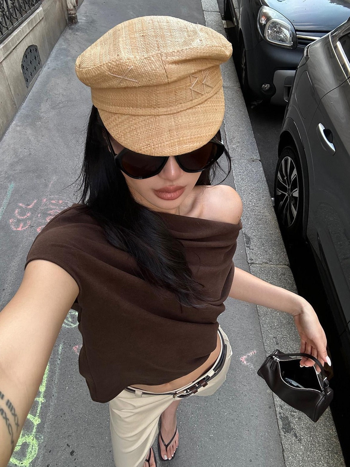 rovente Coffee Pleated Slant Neck Knitted Women's Viscose Off-shoulder T-shirts