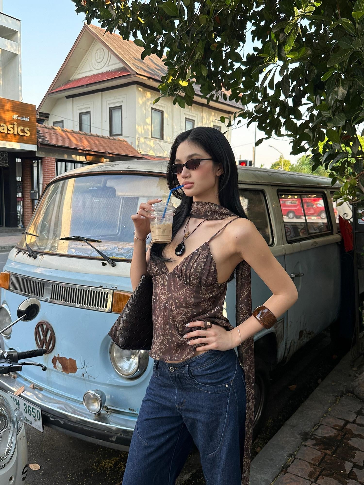 rovente Coffee Print Ribbon Tie V-neck Women's Loose Spaghetti-strap Camisoles