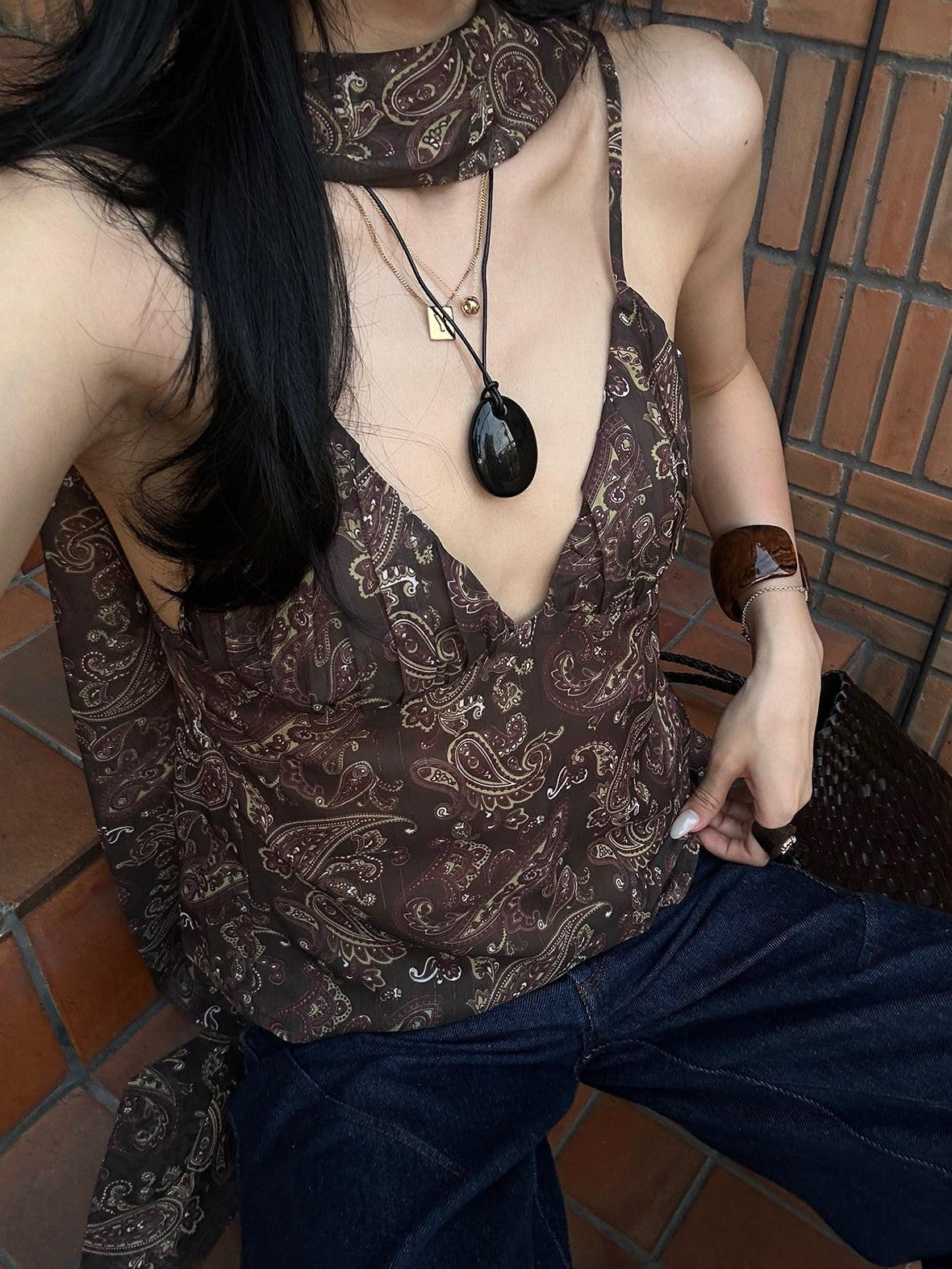 rovente Coffee Print Ribbon Tie V-neck Women's Loose Spaghetti-strap Camisoles