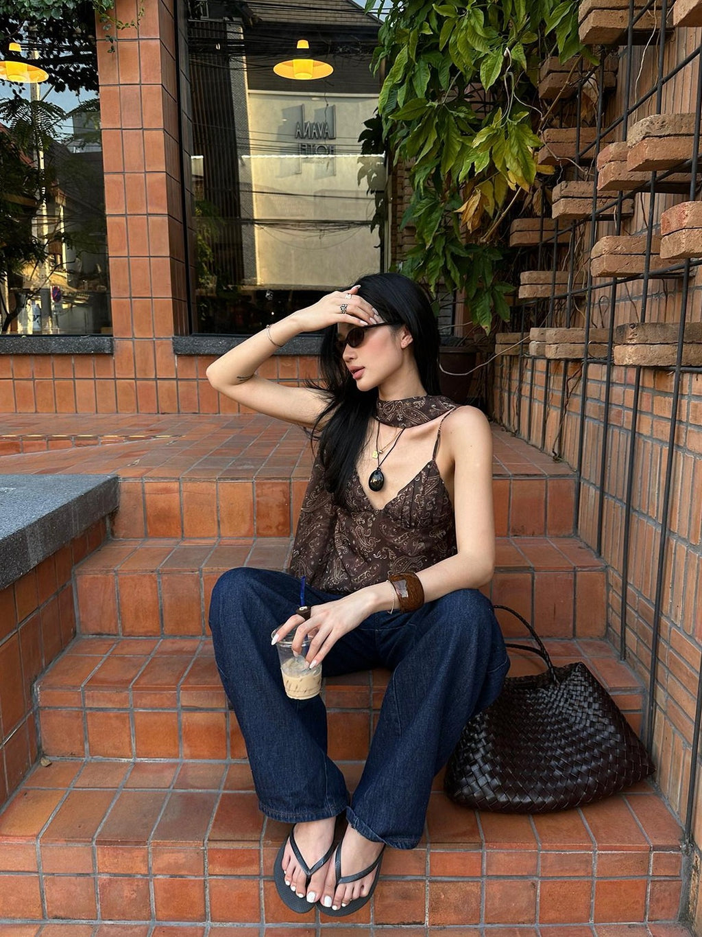 rovente Coffee Print Ribbon Tie V-neck Women's Loose Spaghetti-strap Camisoles