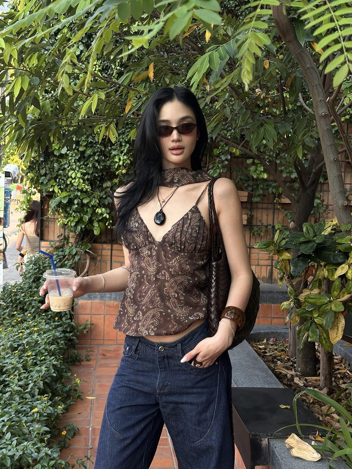 rovente Coffee Print Ribbon Tie V-neck Women's Loose Spaghetti-strap Camisoles