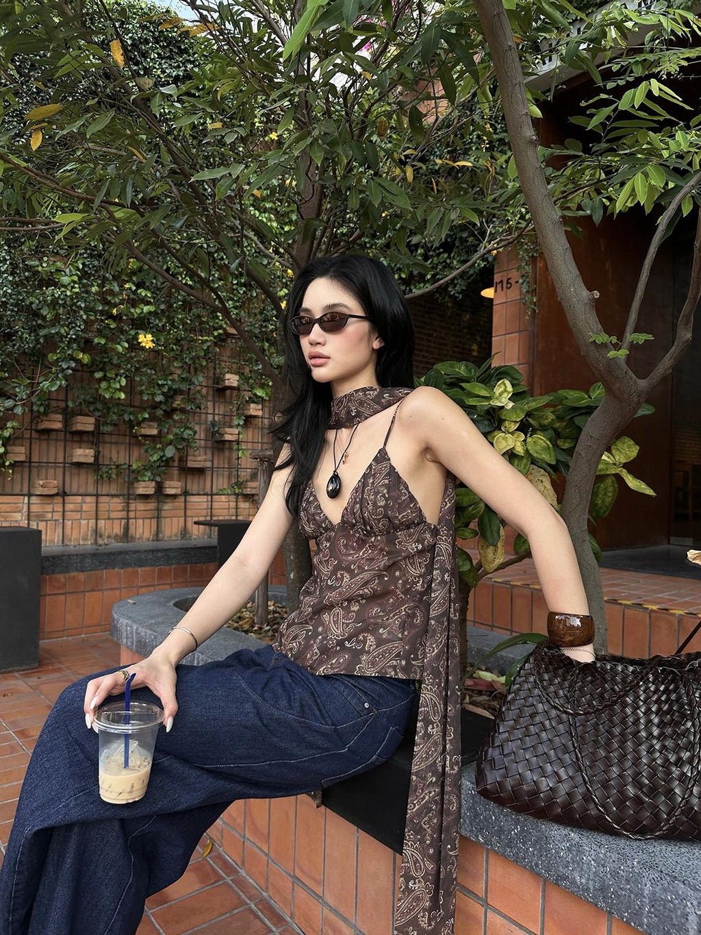 rovente Coffee Print Ribbon Tie V-neck Women's Loose Spaghetti-strap Camisoles