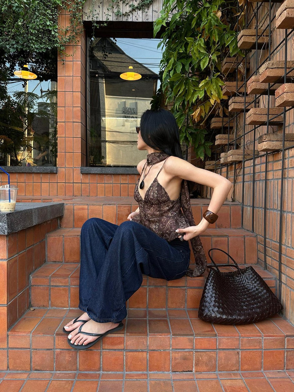 rovente Coffee Print Ribbon Tie V-neck Women's Loose Spaghetti-strap Camisoles