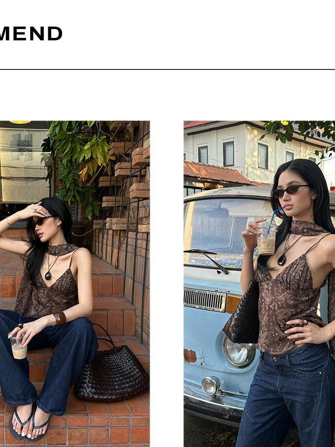 rovente Coffee Print Ribbon Tie V-neck Women's Loose Spaghetti-strap Camisoles