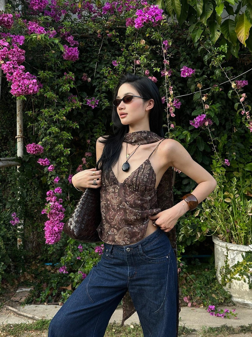 rovente Coffee Print Ribbon Tie V-neck Women's Loose Spaghetti-strap Camisoles