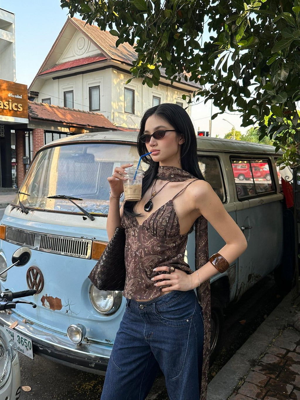 rovente Coffee Print Ribbon Tie V-neck Women's Loose Spaghetti-strap Camisoles