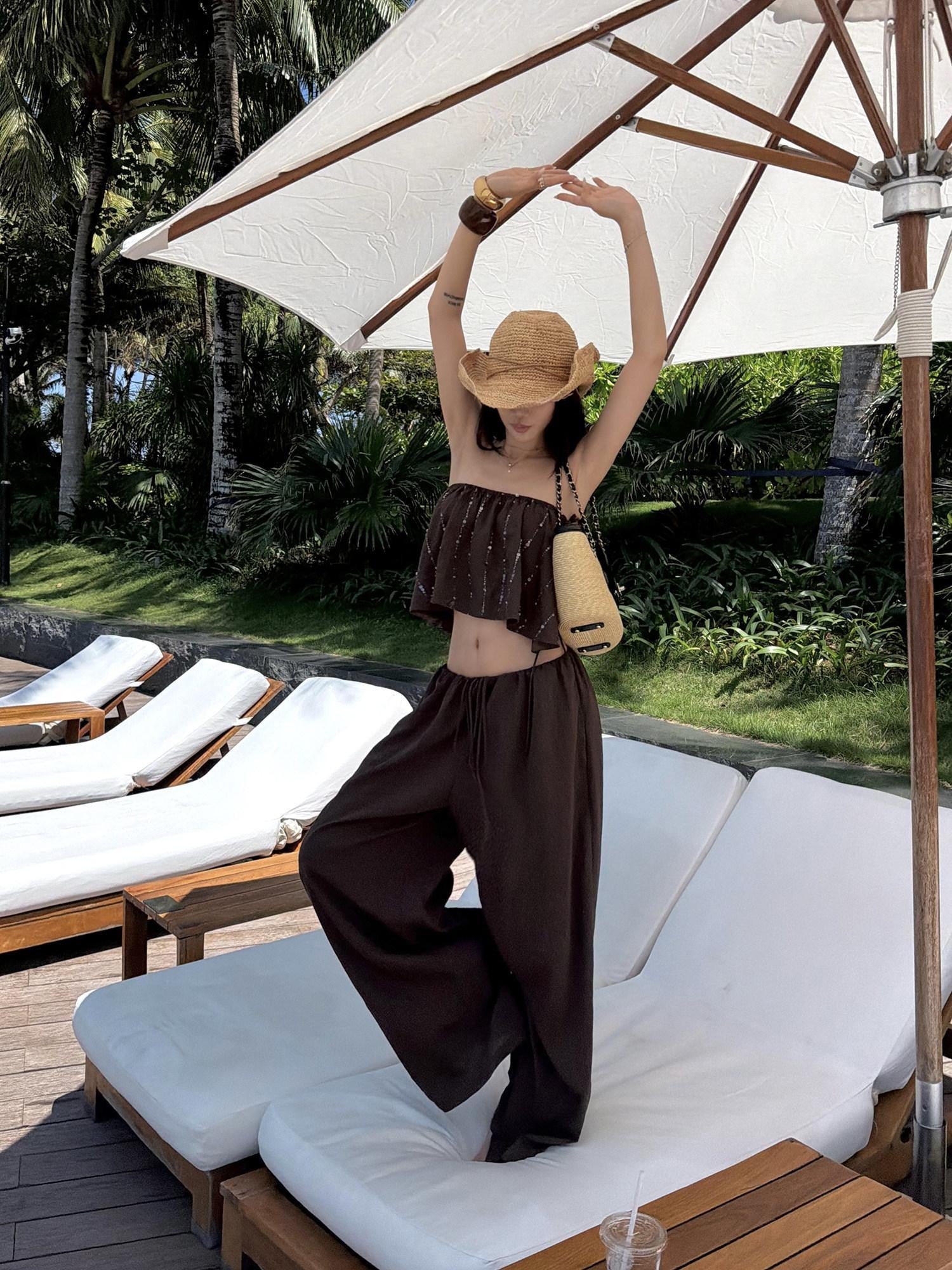 rovente Coffee Resort Relaxed Drapey Women's Lightweight Palazzo Pants