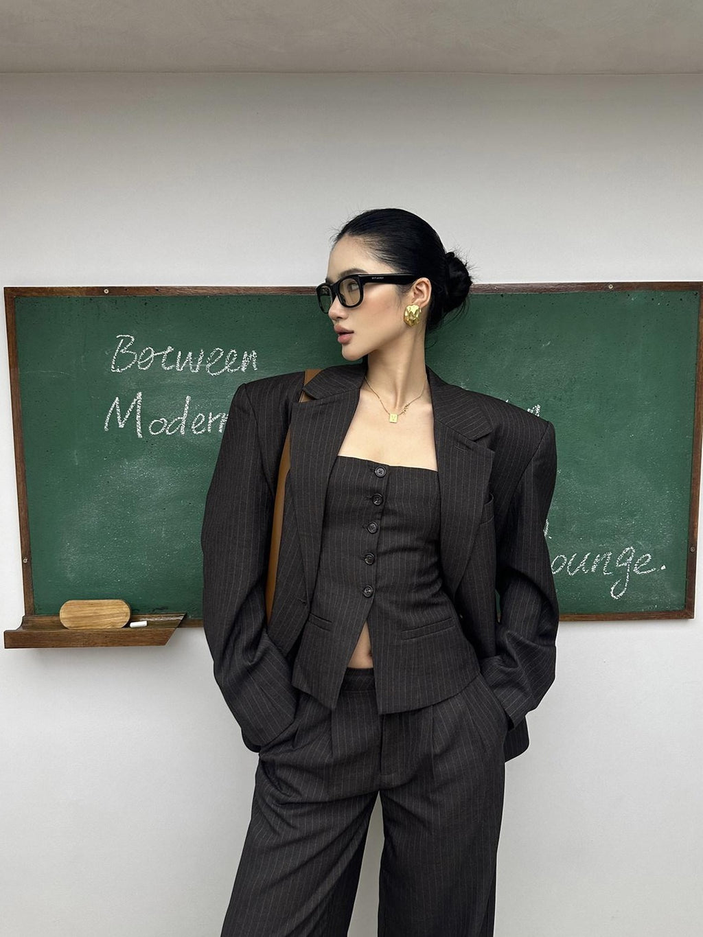 rovente Coffee Striped Blazer Bustier Women's Polyester Blend Casual Top & Pants Sets