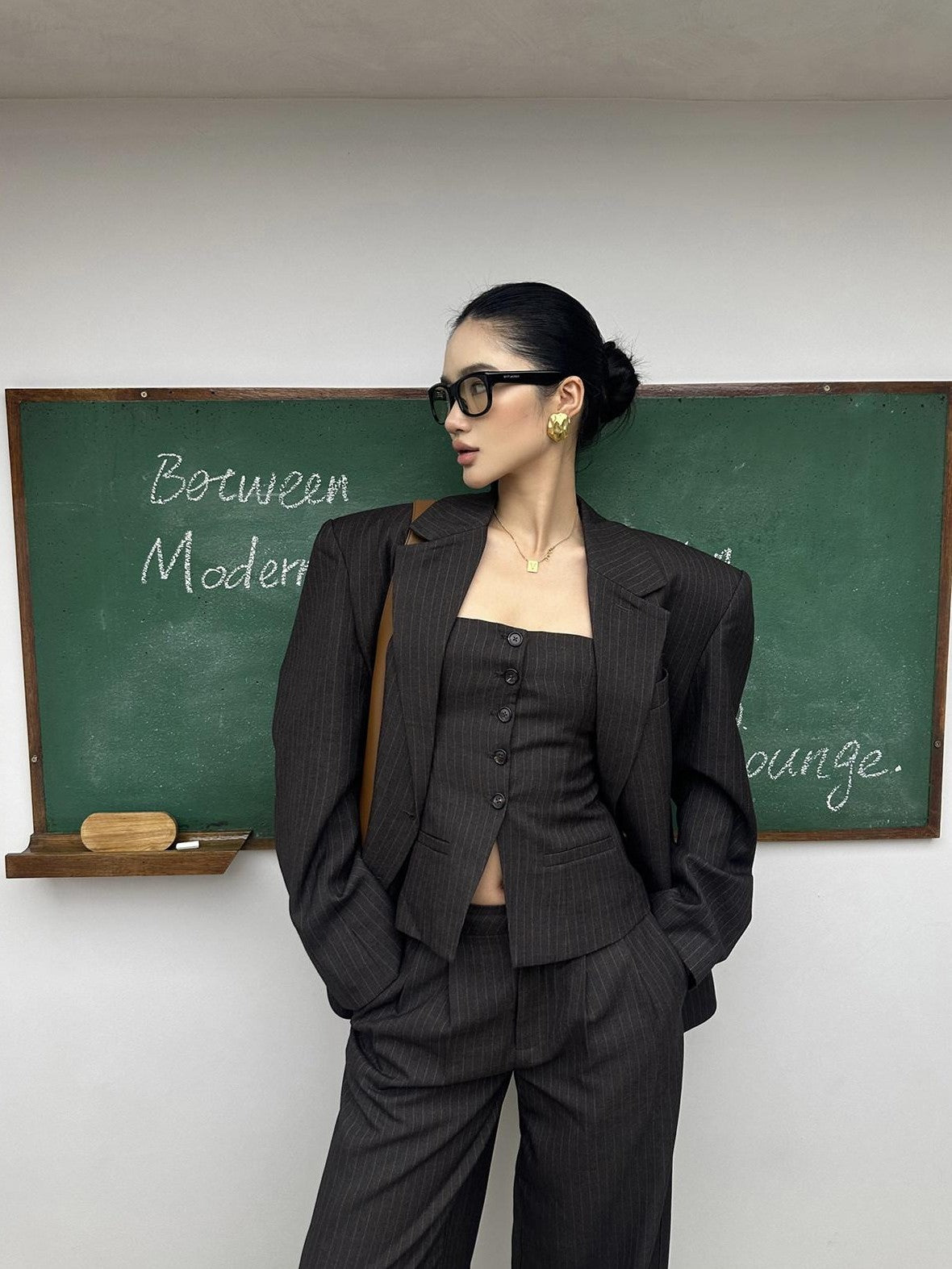rovente Coffee Striped Blazer Bustier Women's Polyester Blend Casual Top & Pants Sets
