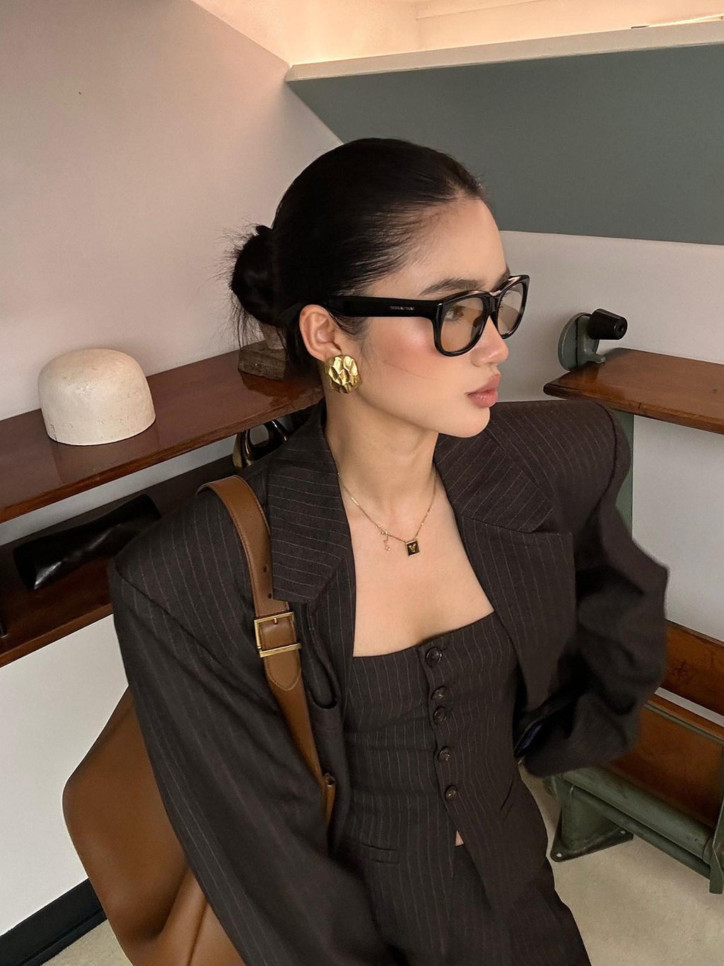 rovente Coffee Striped Blazer Bustier Women's Polyester Blend Casual Top & Pants Sets