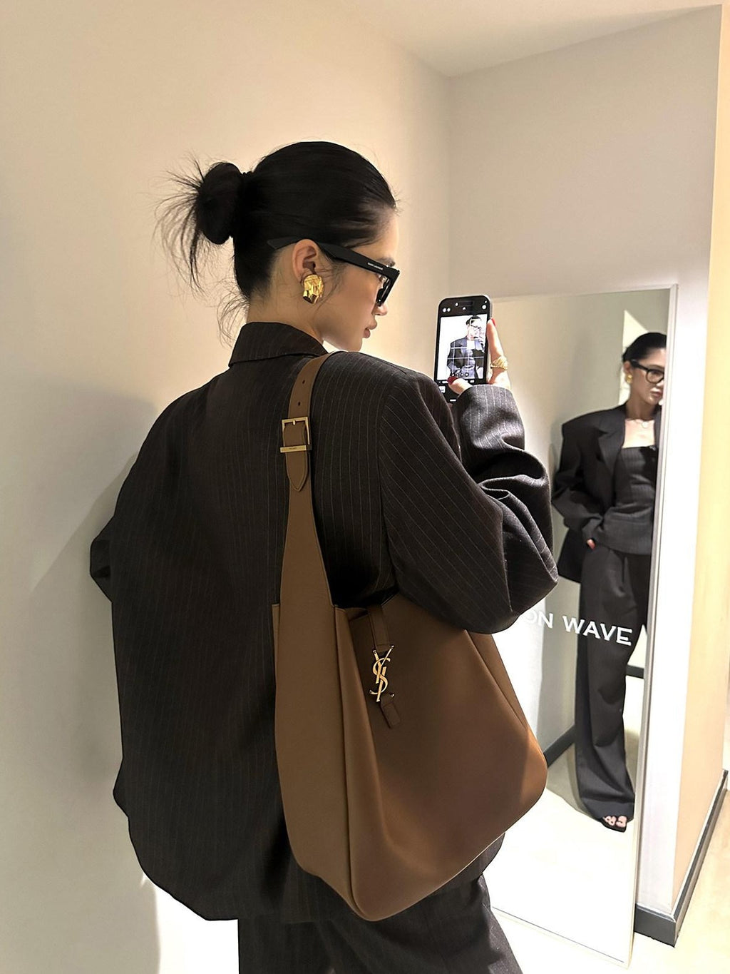 rovente Coffee Striped Blazer Bustier Women's Polyester Blend Casual Top & Pants Sets