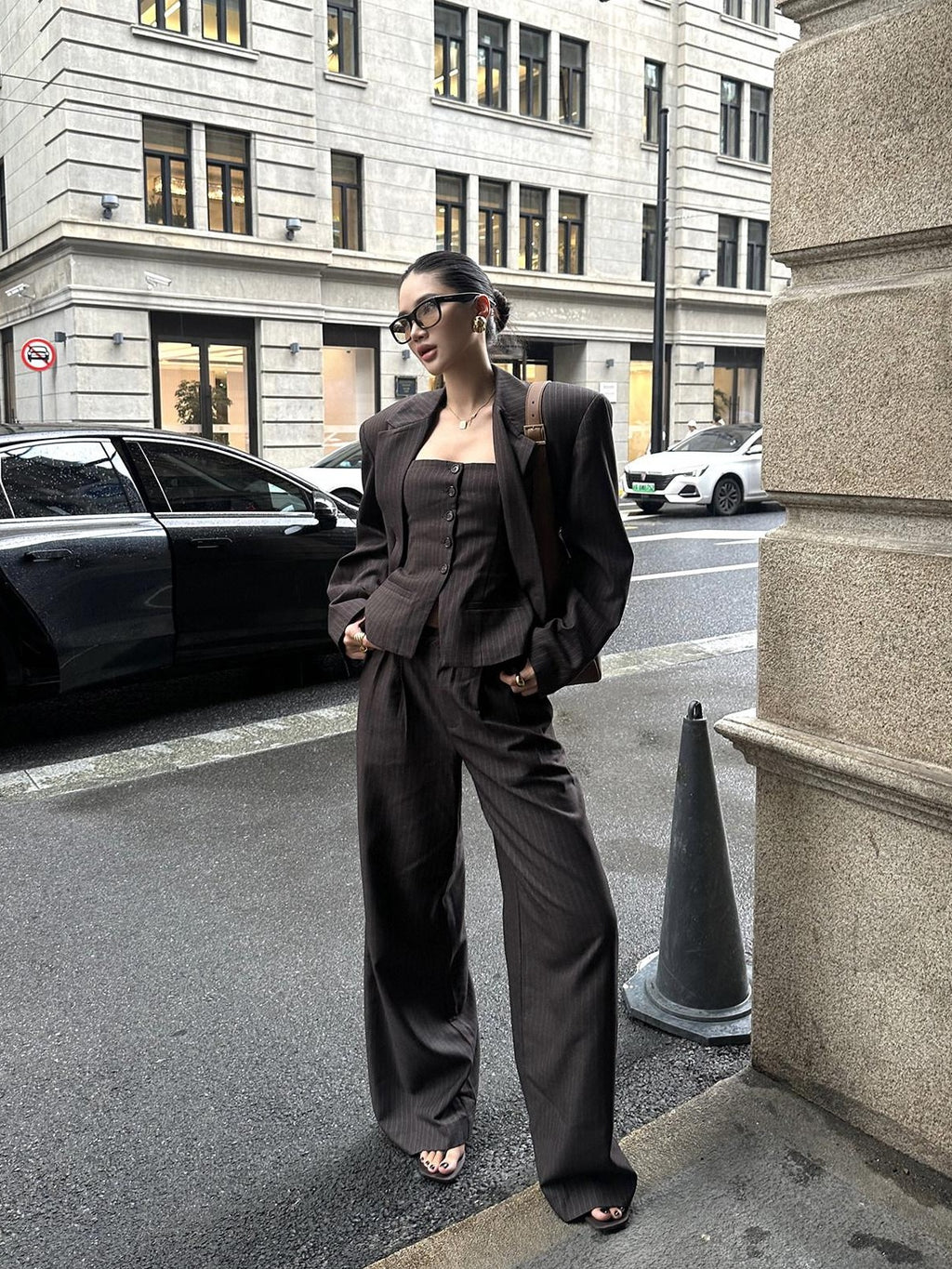 rovente Coffee Striped Blazer Bustier Women's Polyester Blend Casual Top & Pants Sets