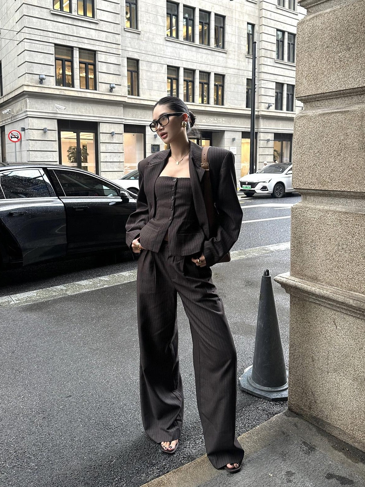 rovente Coffee Striped Blazer Bustier Women's Polyester Blend Casual Top & Pants Sets