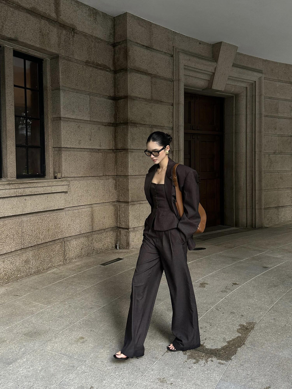 rovente Coffee Striped Blazer Bustier Women's Polyester Blend Casual Top & Pants Sets