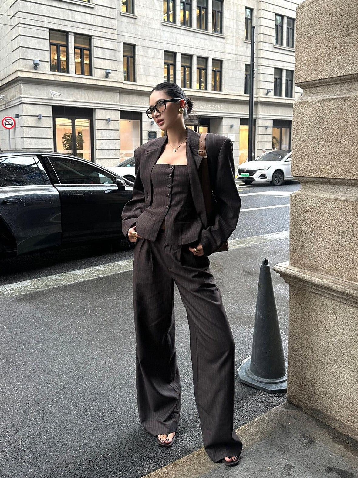 rovente Coffee Striped Blazer Bustier Women's Polyester Blend Casual Top & Pants Sets