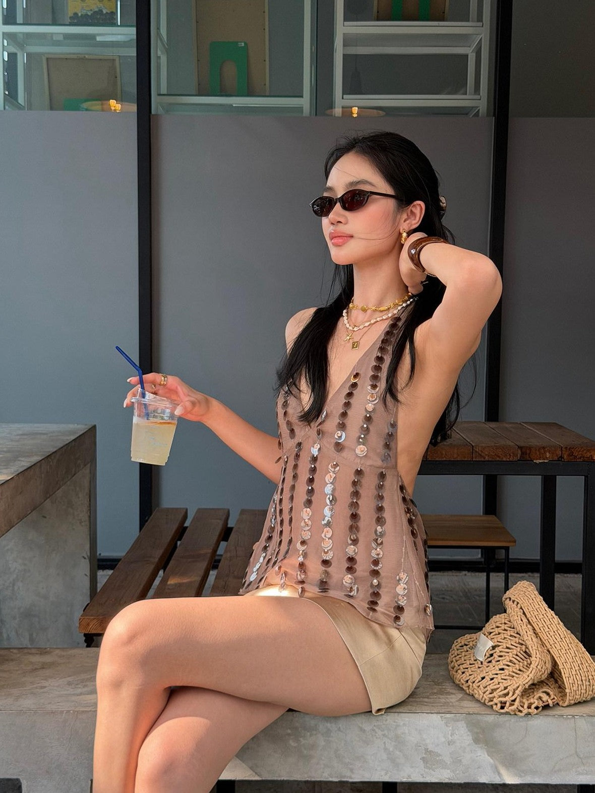 rovente Coffee V-neck Sequin Halter Neck Slim Fit Women's Halter Tops