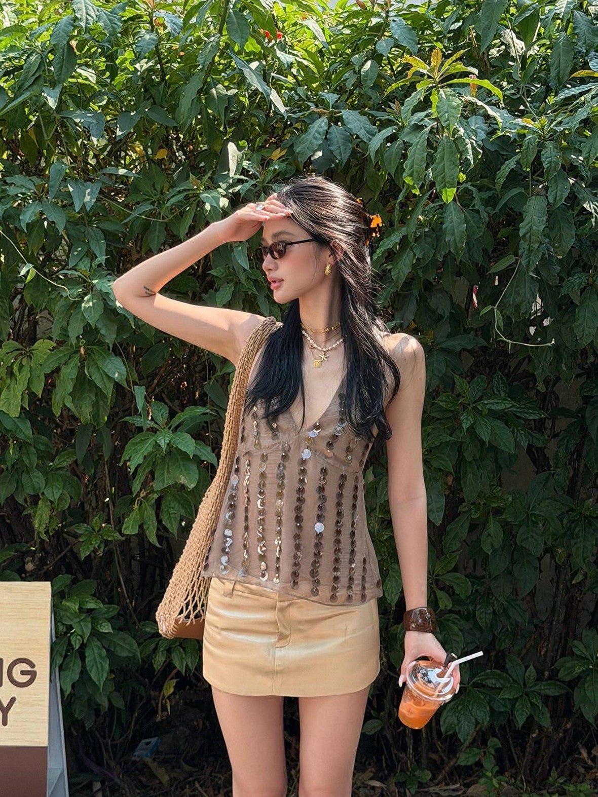 rovente Coffee V-neck Sequin Halter Neck Slim Fit Women's Halter Tops