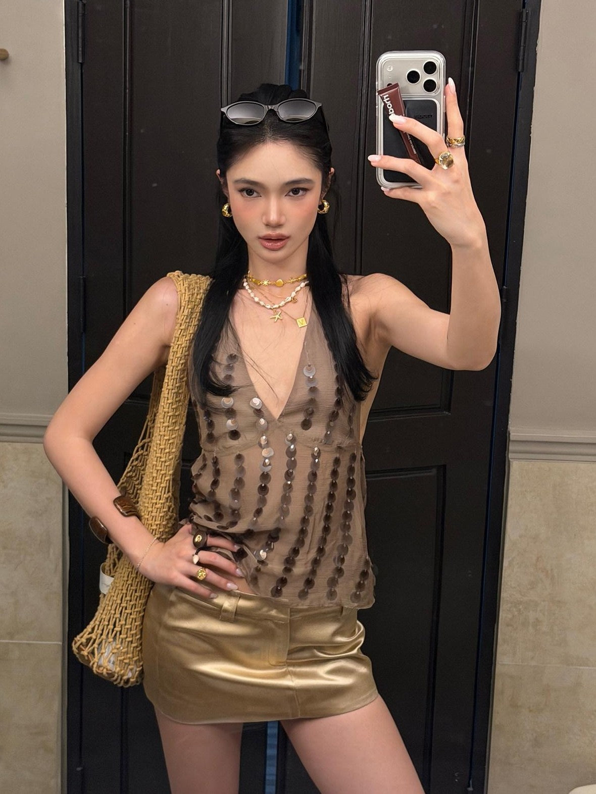 rovente Coffee V-neck Sequin Halter Neck Slim Fit Women's Halter Tops