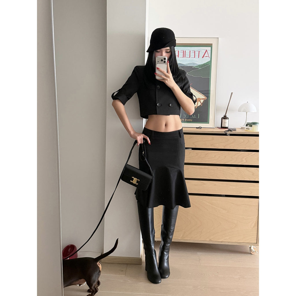rovente_Cold_Gloss_Black_Double_Breasted_High_Neck_Women's_Cotton_Matching_Skirt_Sets_1015254724707_MISSTT