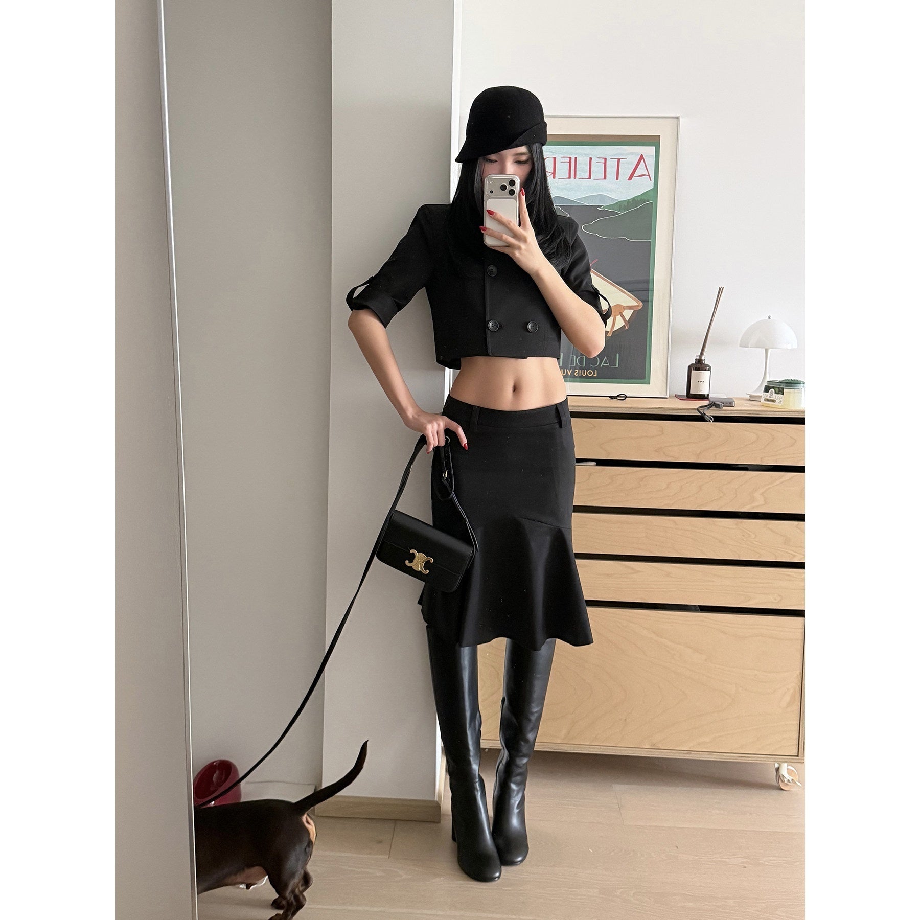 rovente_Cold_Gloss_Black_Double_Breasted_High_Neck_Women's_Cotton_Matching_Skirt_Sets_1015254724707_MISSTT
