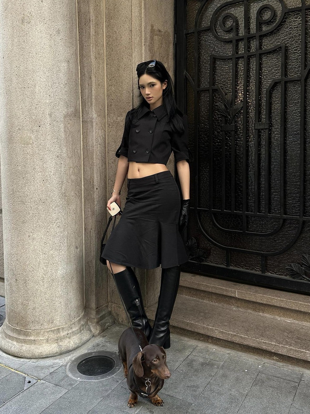 rovente Cold Gloss Black Double Breasted High Neck Women's Cotton Matching Skirt Sets