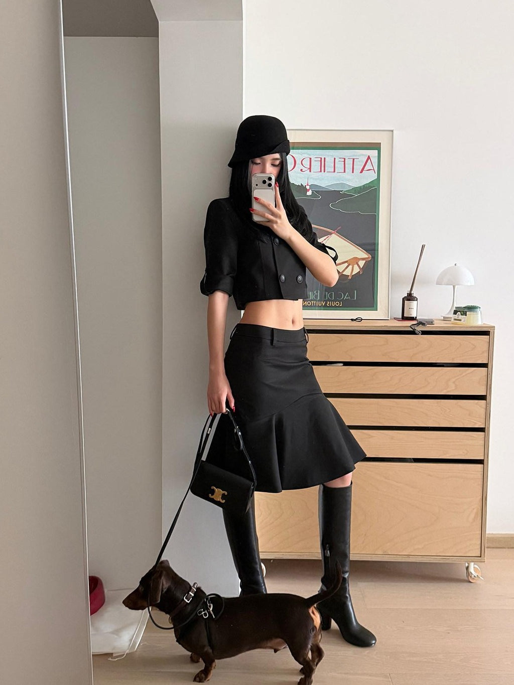 rovente Cold Gloss Black Double Breasted High Neck Women's Cotton Matching Skirt Sets