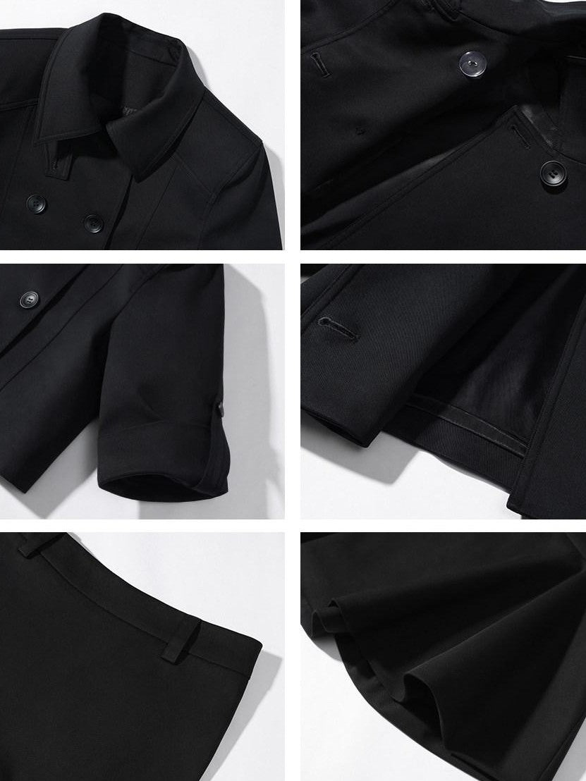 rovente Cold Gloss Black Double Breasted High Neck Women's Cotton Matching Skirt Sets