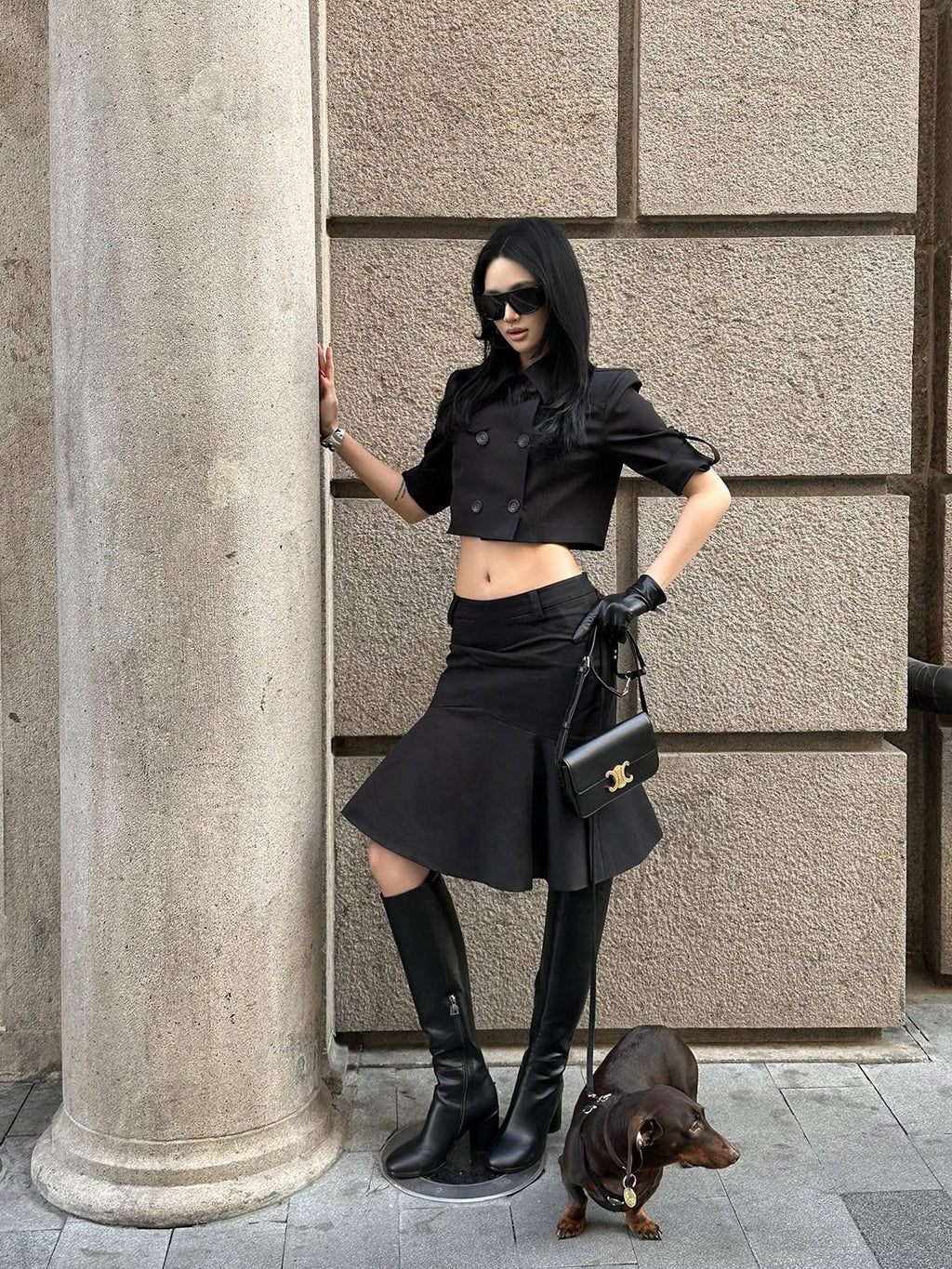 rovente Cold Gloss Black Double Breasted High Neck Women's Cotton Matching Skirt Sets