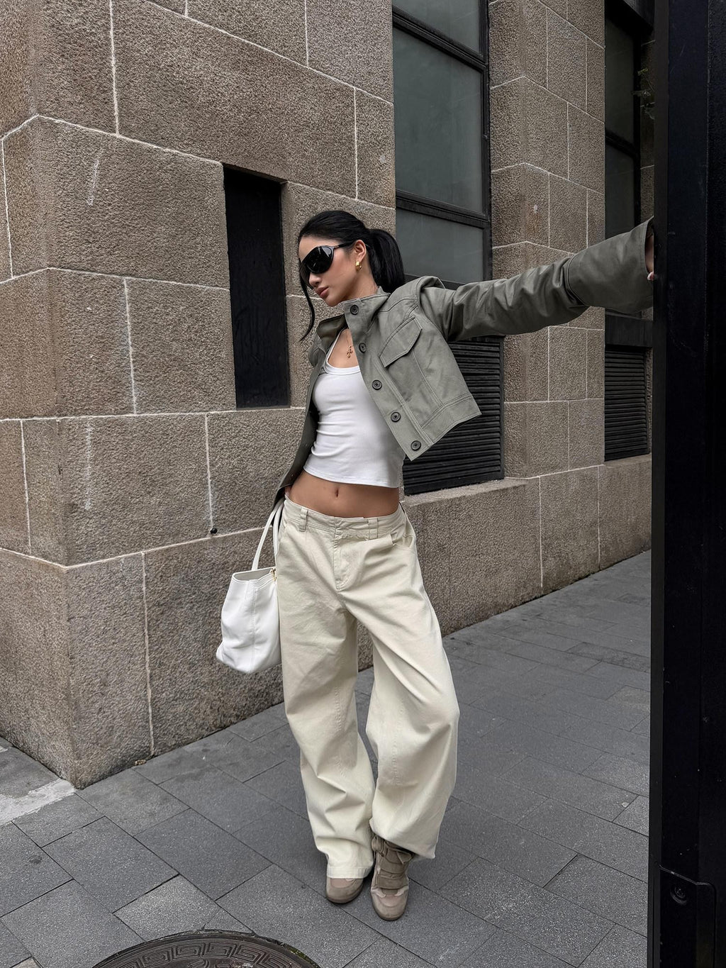 rovente Cream Minimal Line Low Waist Cinch Slim Waist Loungewear Women's Wide-leg Pants