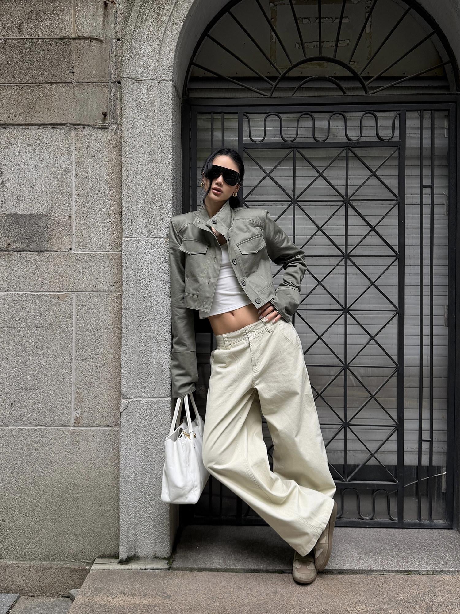 rovente Cream Minimal Line Low Waist Cinch Slim Waist Loungewear Women's Wide-leg Pants