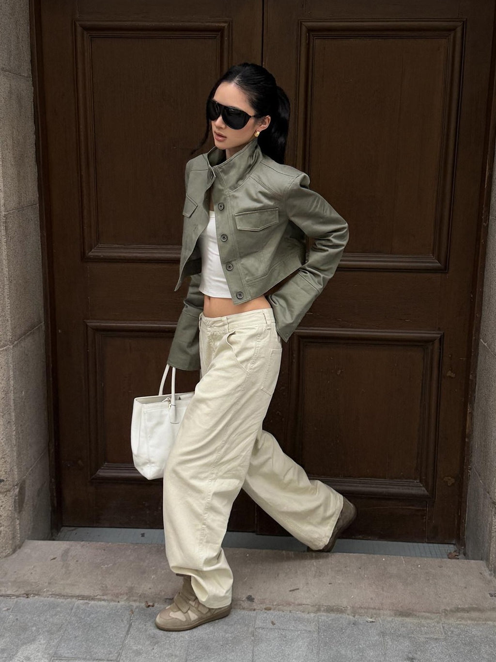 rovente Cream Minimal Line Low Waist Cinch Slim Waist Loungewear Women's Wide-leg Pants