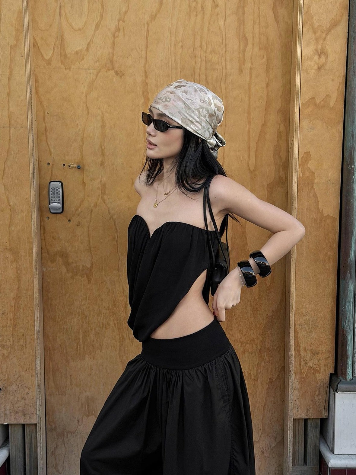 rovente Curved Ruched Black White Two Tone Slim Women's Viscose Tube Tops