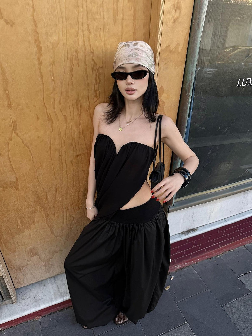 rovente Curved Ruched Black White Two Tone Slim Women's Viscose Tube Tops