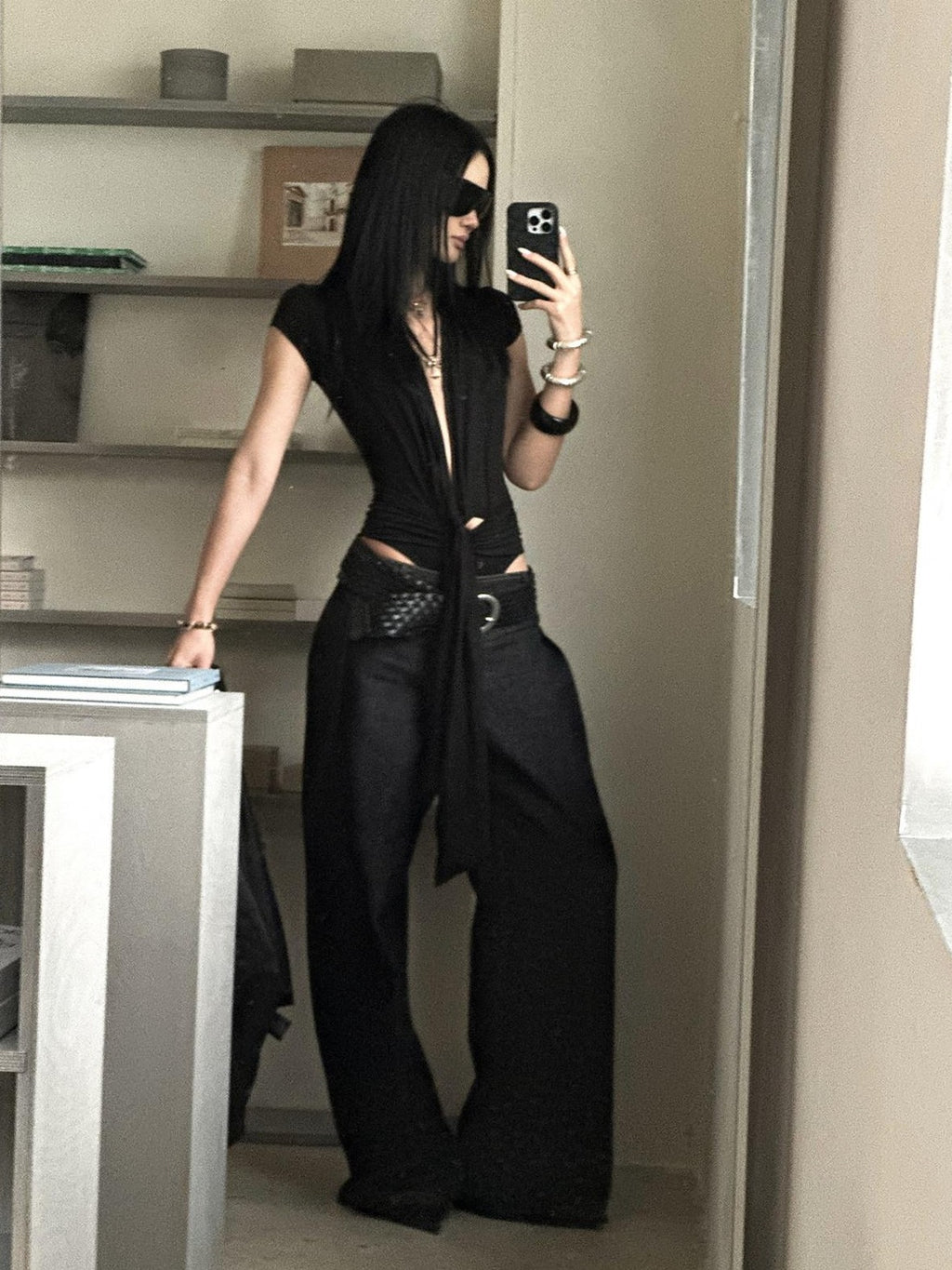 rovente Dark Navy Low Waist Loose Casual Women's Denim Wide-leg Jeans