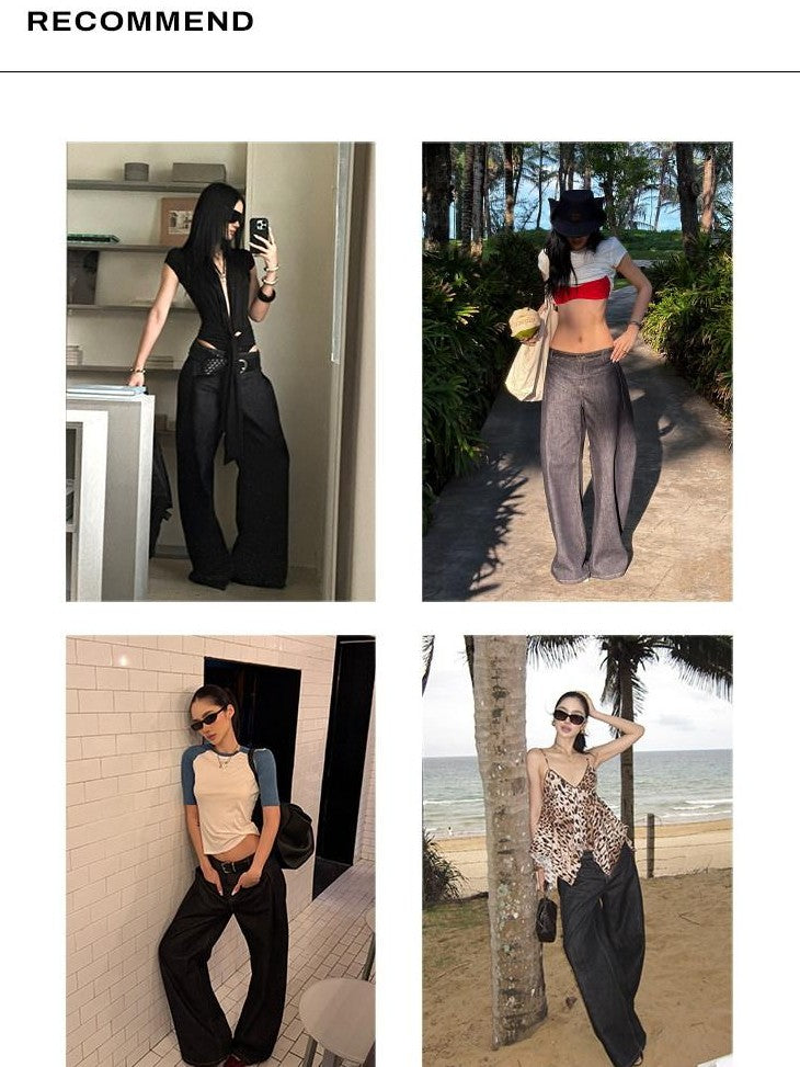 rovente Dark Navy Low Waist Loose Casual Women's Denim Wide-leg Jeans