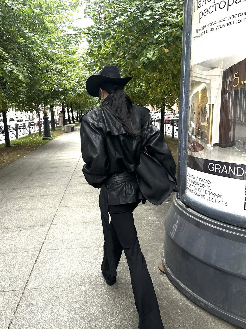 rovente Dark Prism Stand Collar Vintage Loose Silhouette Women's Leather Jackets