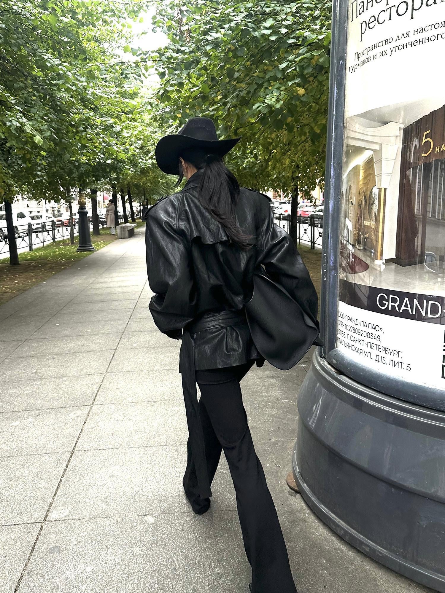 rovente Dark Prism Stand Collar Vintage Loose Silhouette Women's Leather Jackets