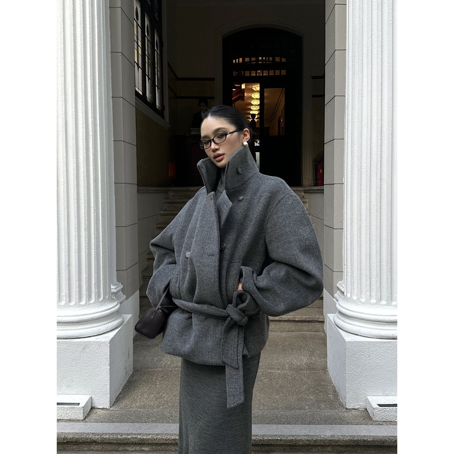 rovente_Deep_Gray_Stand_Collar_Belted_Short_Pocketed_Women's_Wool_Blend_Wool_Coats_988632990013_MISSTT