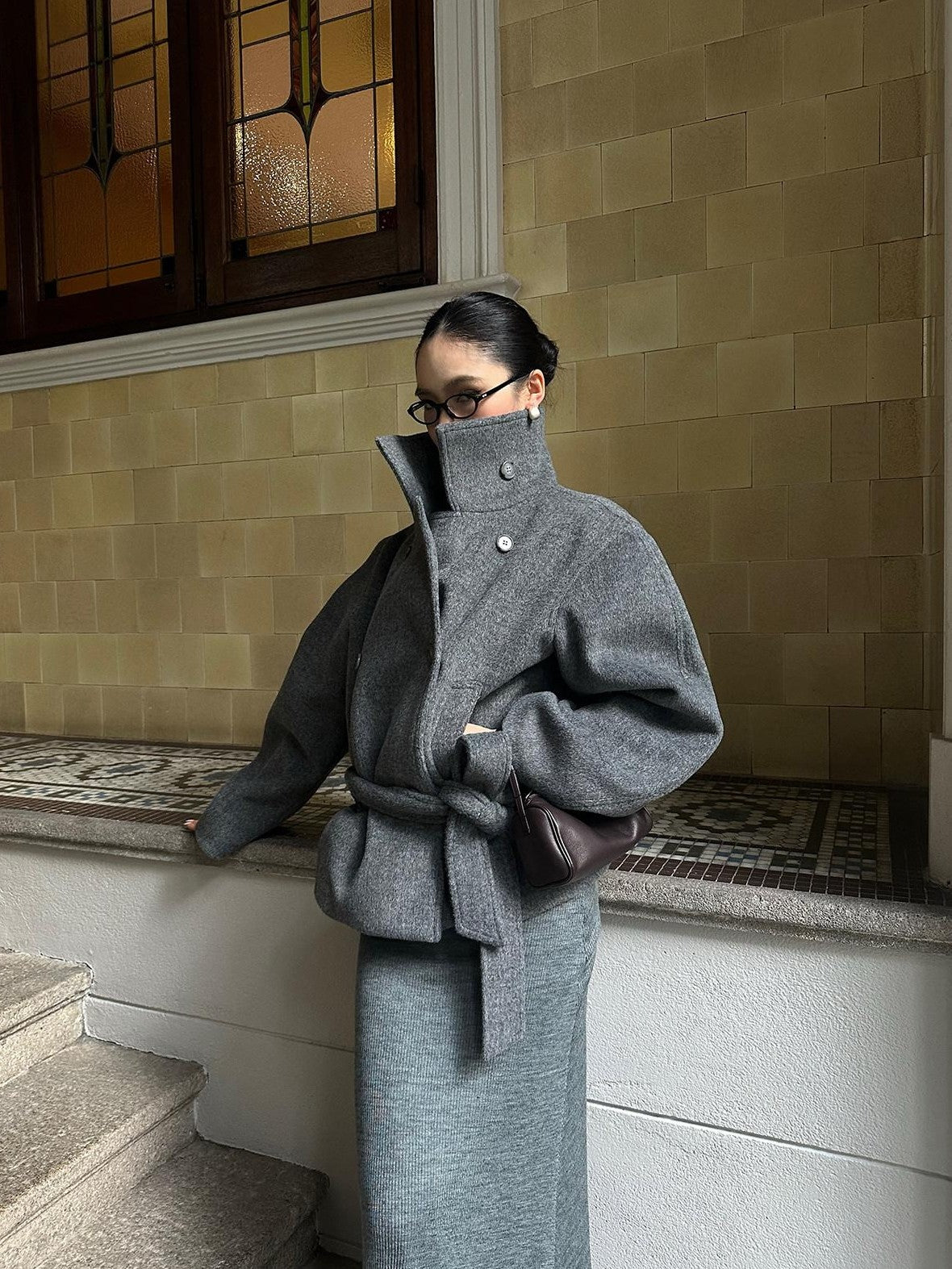 rovente Deep Gray Stand Collar Belted Short Pocketed Women's Wool Blend Wool Coats