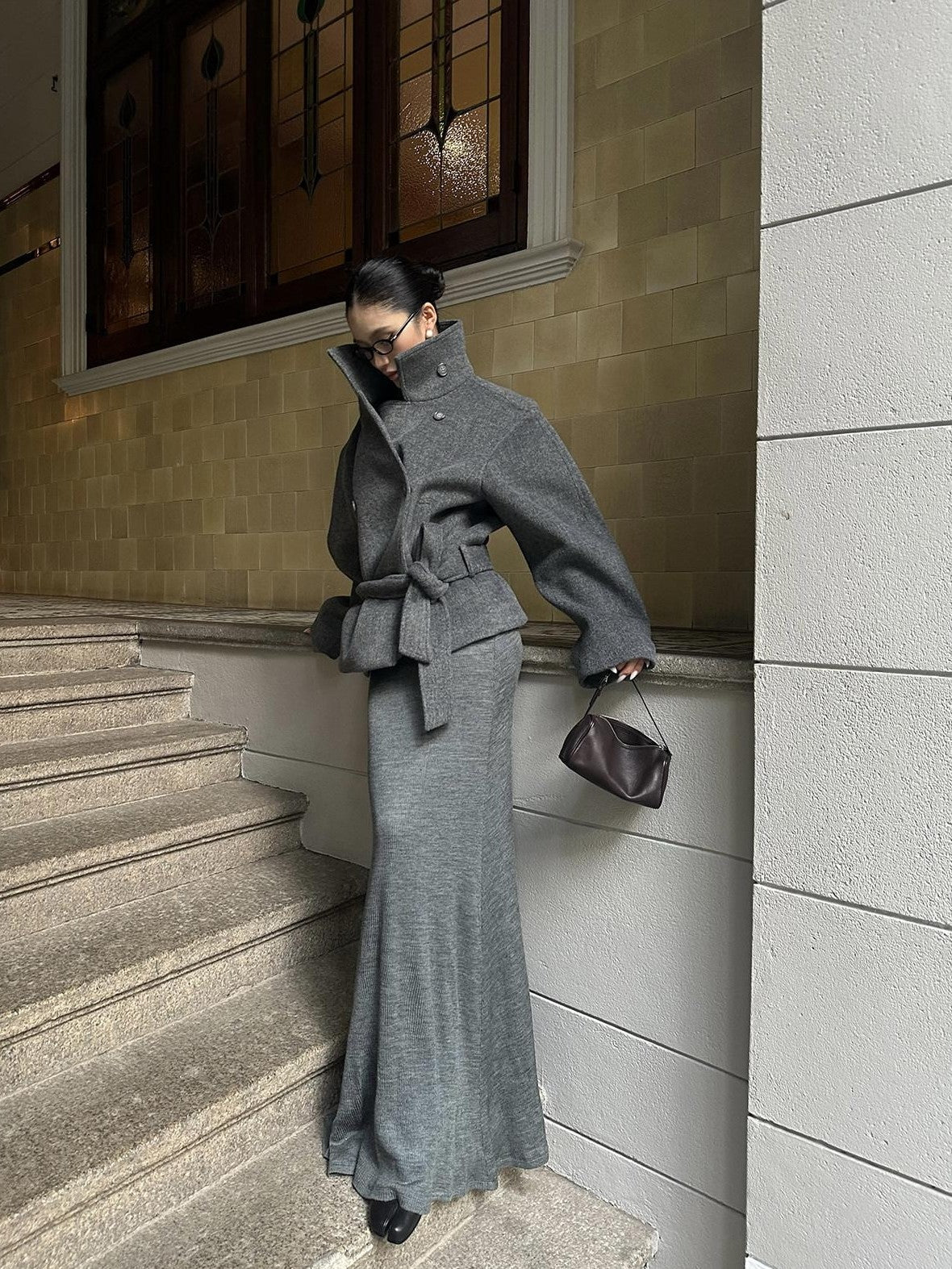 rovente Deep Gray Stand Collar Belted Short Pocketed Women's Wool Blend Wool Coats