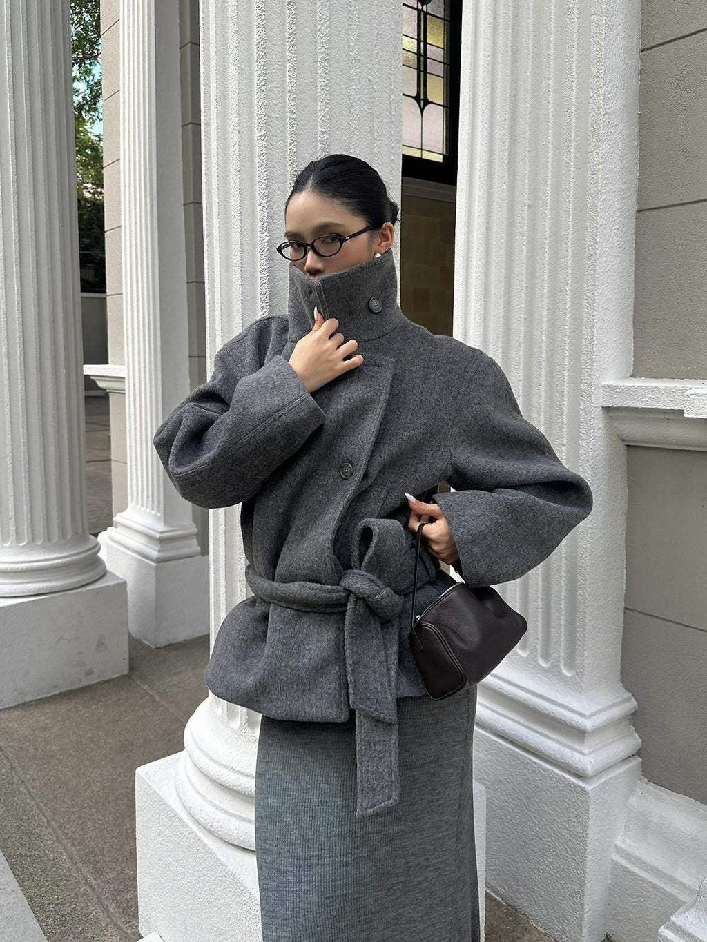 rovente Deep Gray Stand Collar Belted Short Pocketed Women's Wool Blend Wool Coats