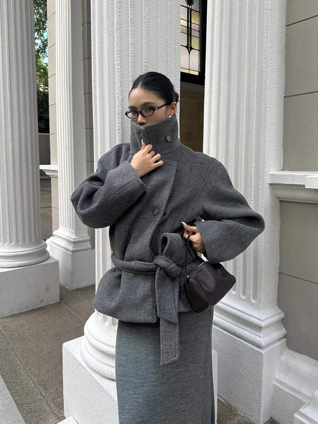 rovente Deep Gray Stand Collar Belted Short Pocketed Women's Wool Blend Wool Coats