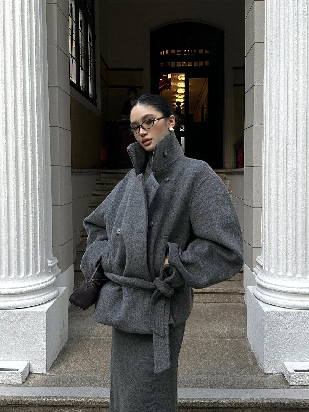 rovente Deep Gray Stand Collar Belted Short Pocketed Women's Wool Blend Wool Coats