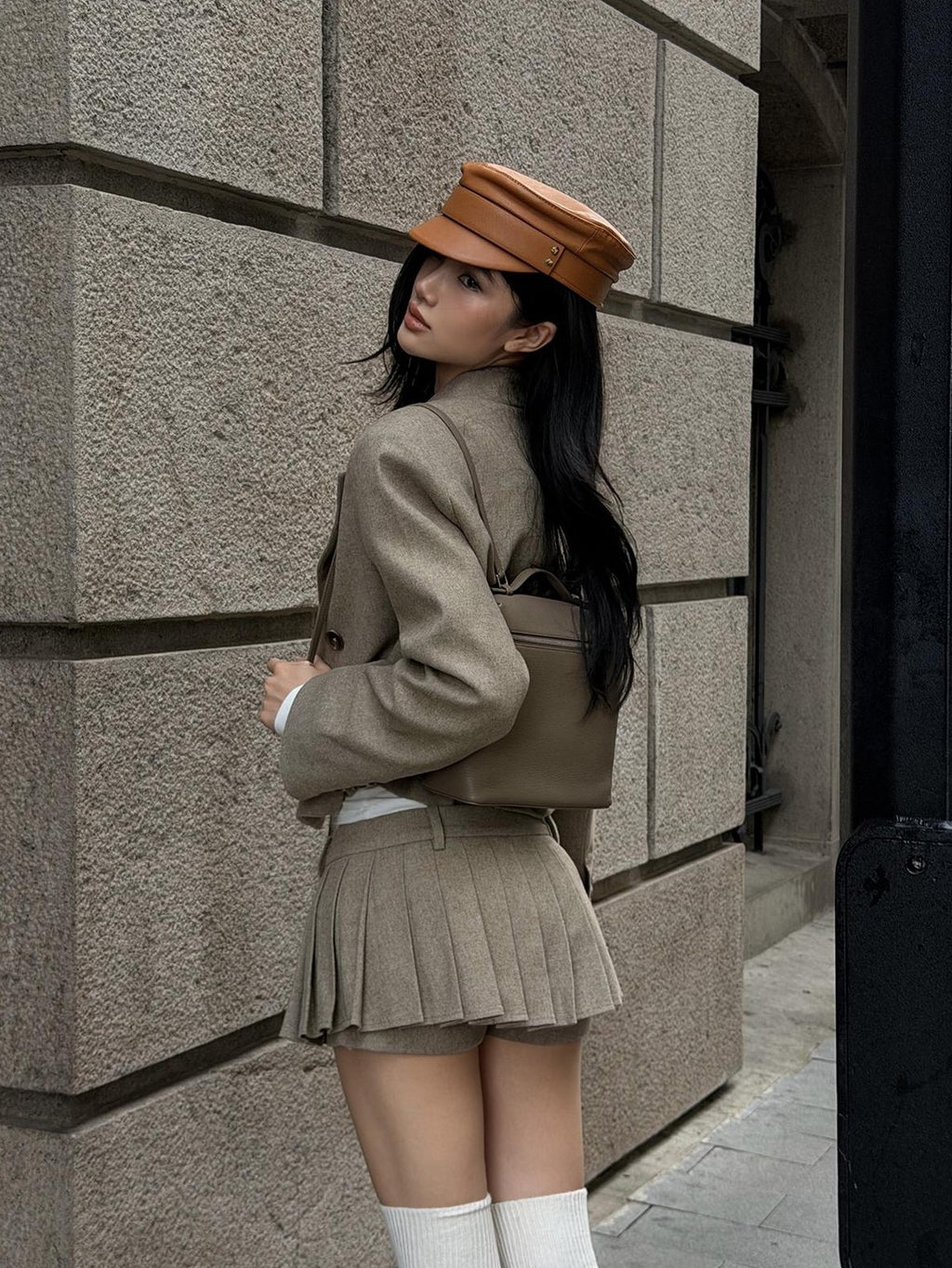 rovente Double Breasted Long Sleeve Lapel Short Blazer Pleated Skirt Women's Cotton Matching Skirt Sets