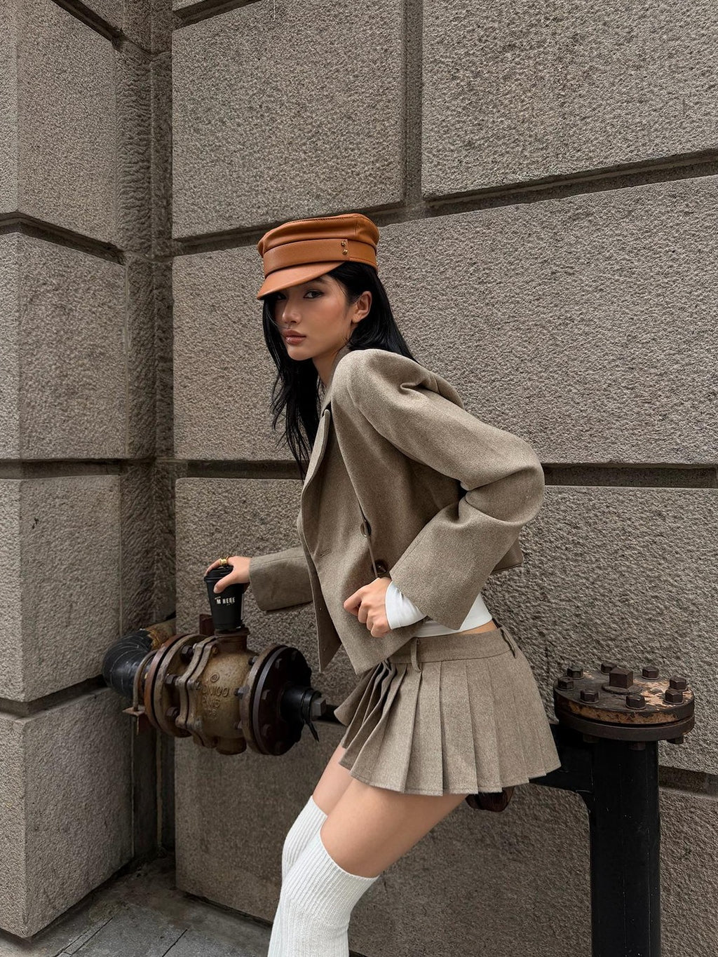 rovente Double Breasted Long Sleeve Lapel Short Blazer Pleated Skirt Women's Cotton Matching Skirt Sets