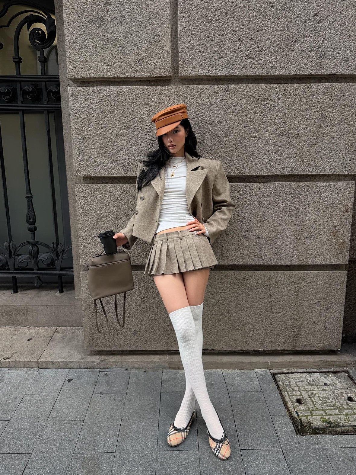 rovente Double Breasted Long Sleeve Lapel Short Blazer Pleated Skirt Women's Cotton Matching Skirt Sets