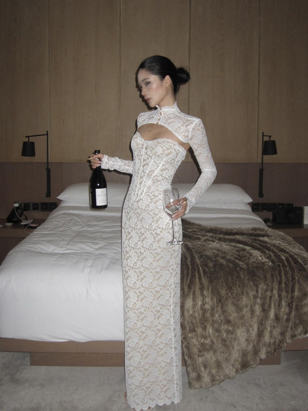 rovente Elegant Lace Corset Strapless Mermaid Hem Women's Polyester Bodycon Maxi Dresses